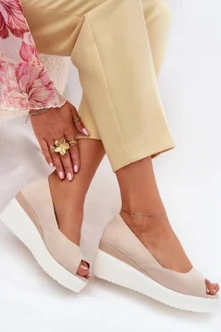 Discount Boto Sandały Damskie Na Koturnie Z Eko Zamszu Jasnobeżowe Velira Beżowy