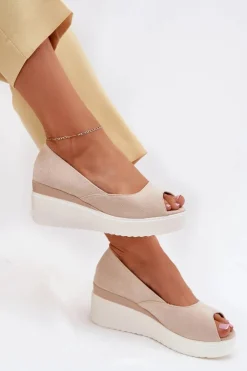 Discount Boto Sandały Damskie Na Koturnie Z Eko Zamszu Jasnobeżowe Velira Beżowy