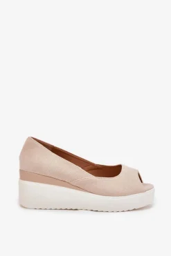 Discount Boto Sandały Damskie Na Koturnie Z Eko Zamszu Jasnobeżowe Velira Beżowy