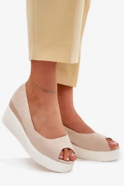 Discount Boto Sandały Damskie Na Koturnie Z Eko Zamszu Jasnobeżowe Velira Beżowy