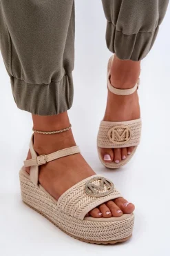 Damskie Boto Sandały Damskie Na Koturnie Z Plecionką Beżowe Esalena