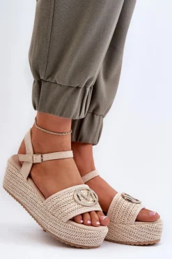 Damskie Boto Sandały Damskie Na Koturnie Z Plecionką Beżowe Esalena