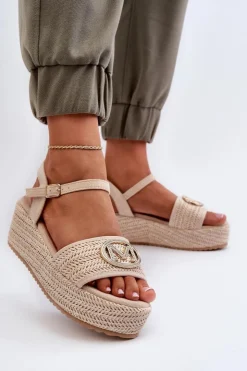 Damskie Boto Sandały Damskie Na Koturnie Z Plecionką Beżowe Esalena