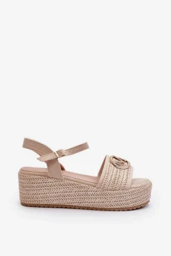 Damskie Boto Sandały Damskie Na Koturnie Z Plecionką Beżowe Esalena