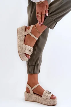 Damskie Boto Sandały Damskie Na Koturnie Z Plecionką Beżowe Esalena