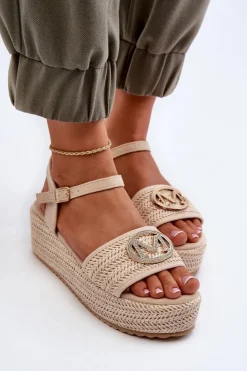 Damskie Boto Sandały Damskie Na Koturnie Z Plecionką Beżowe Esalena