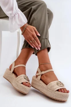 Damskie Boto Sandały Damskie Na Koturnie Z Plecionką Beżowe Esalena