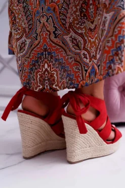 Damskie Boto Sandały Damskie Na Koturnie Czerwone Yenga