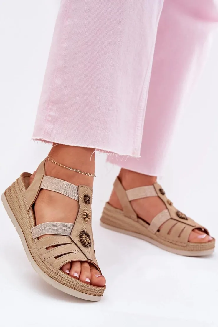 New INBLU Sandały Damskie Na Koturnie Z Ozdobami RV000015 Beżowe Beżowy