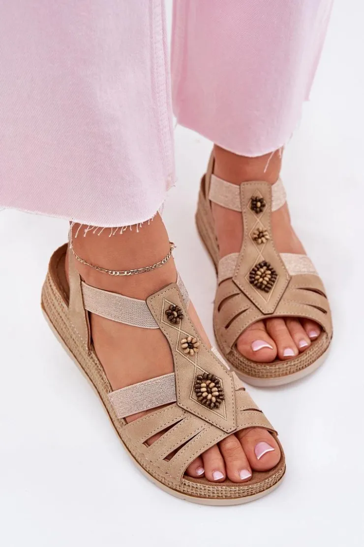 New INBLU Sandały Damskie Na Koturnie Z Ozdobami RV000015 Beżowe Beżowy