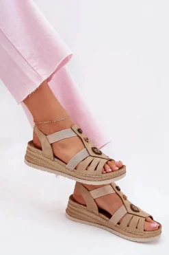 New INBLU Sandały Damskie Na Koturnie Z Ozdobami RV000015 Beżowe Beżowy