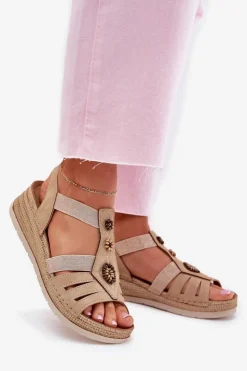 New INBLU Sandały Damskie Na Koturnie Z Ozdobami RV000015 Beżowe Beżowy