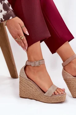 Boto Sandały Na Koturnie*Sandały Damskie Na Koturnie Z Plecionką Khaki Adelio Beżowy