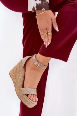 Boto Sandały Na Koturnie*Sandały Damskie Na Koturnie Z Plecionką Khaki Adelio Beżowy