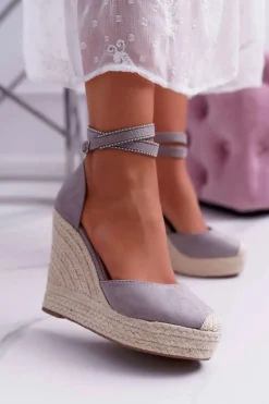 Damskie Boto Sandały Damskie Na Koturnie Lniane Szare Canterola