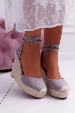 Damskie Boto Sandały Damskie Na Koturnie Lniane Szare Canterola