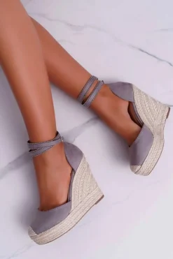 Damskie Boto Sandały Damskie Na Koturnie Lniane Szare Canterola
