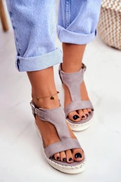 Damskie Boto Sandały Damskie Na Koturnie Szare Rosa