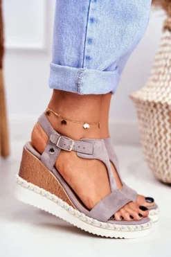 Damskie Boto Sandały Damskie Na Koturnie Szare Rosa