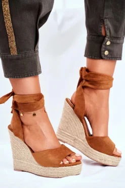 Damskie Boto Sandały Damskie Na Koturnie Wiązane Camel Belleza