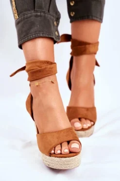 Damskie Boto Sandały Damskie Na Koturnie Wiązane Camel Belleza