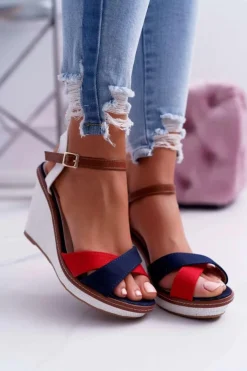 Outlet Boto Sandały Damskie Na Koturnie Granatowe Kaisha