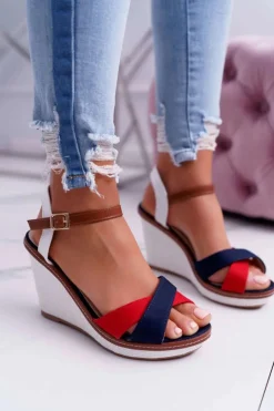 Outlet Boto Sandały Damskie Na Koturnie Granatowe Kaisha