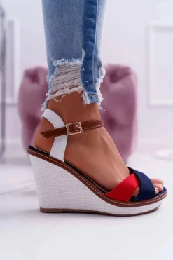 Outlet Boto Sandały Damskie Na Koturnie Granatowe Kaisha