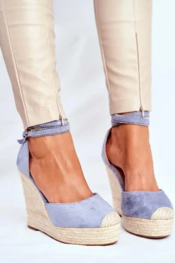 Boto Sandały Na Koturnie*Sandały Damskie Na Koturnie Lniane Niebieskie Canterola