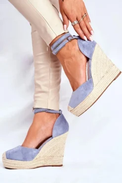 Boto Sandały Na Koturnie*Sandały Damskie Na Koturnie Lniane Niebieskie Canterola