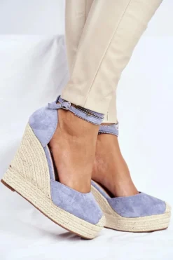 Boto Sandały Na Koturnie*Sandały Damskie Na Koturnie Lniane Niebieskie Canterola