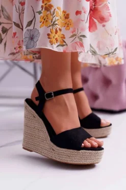 Damskie Boto Sandały Damskie Na Koturnie Lniane Czarne Girenn