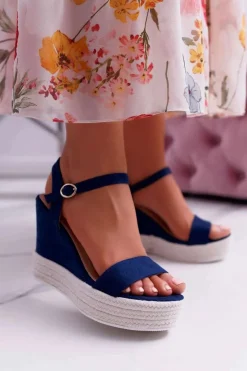 Clearance Boto Sandały Damskie Na Koturnie Lniane Granatowe Liviana