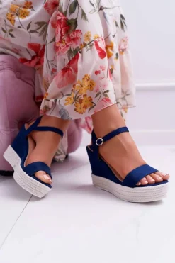 Clearance Boto Sandały Damskie Na Koturnie Lniane Granatowe Liviana