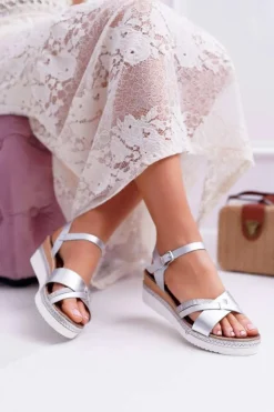 New Boto Sandały Damskie Na Koturnie Eleganckie Srebrne Meryl