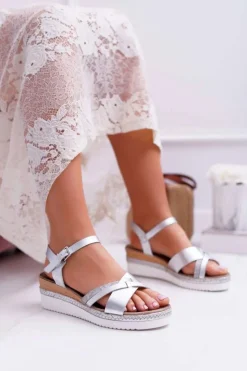 New Boto Sandały Damskie Na Koturnie Eleganckie Srebrne Meryl