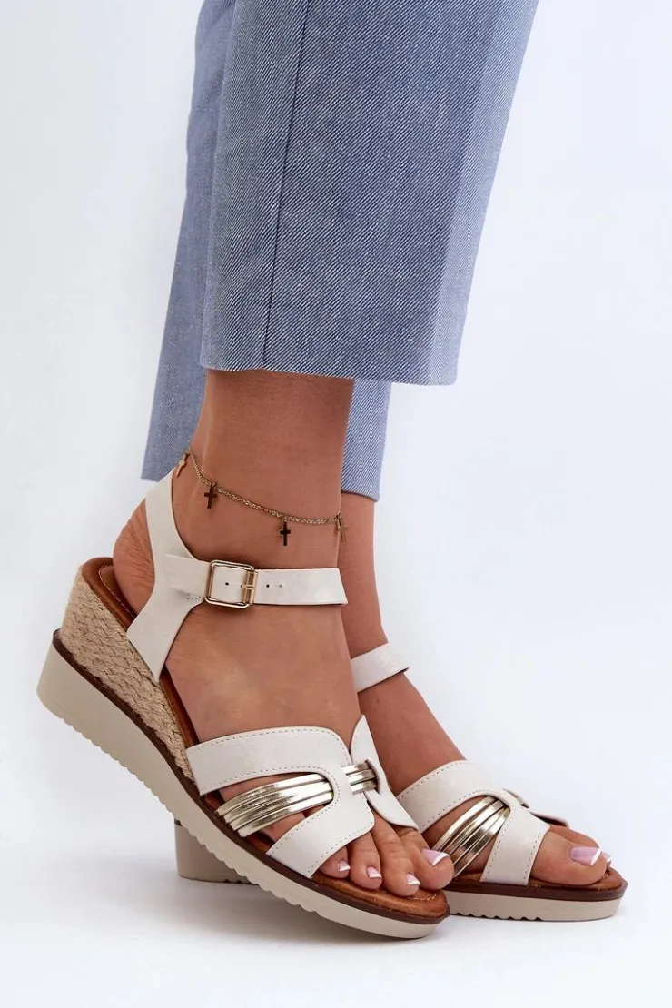 Clearance Evento Sandały Damskie Na Koturnie Z Plecionką Złote Starlenna