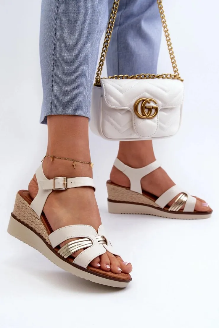 Clearance Evento Sandały Damskie Na Koturnie Z Plecionką Złote Starlenna