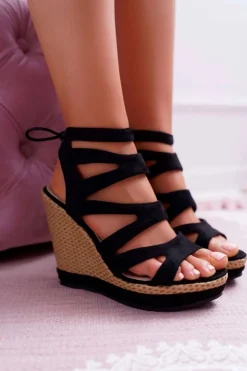 Hot Boto Sandały Damskie Na Koturnie Sznurek Czarne Liluena