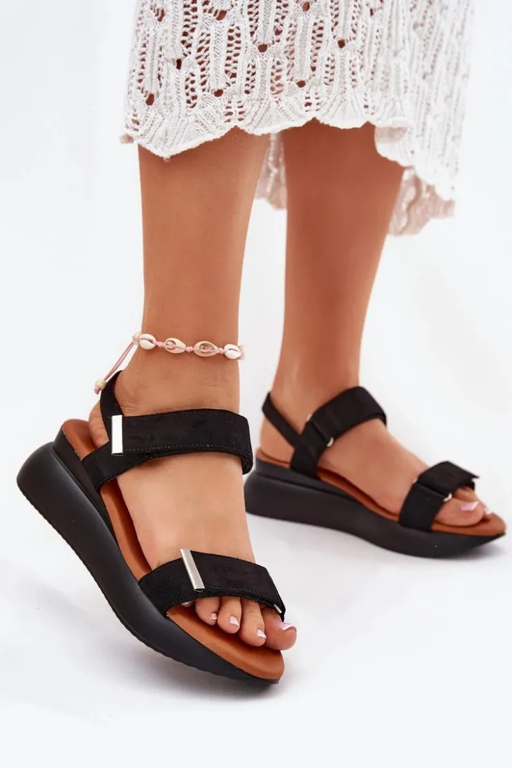 Damskie Boto Sandały Damskie Na Koturnie Czarne Monera