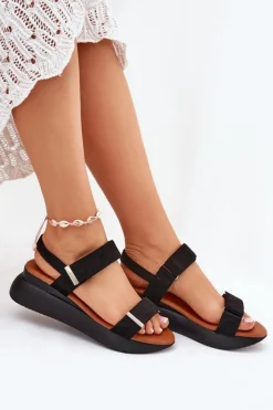 Damskie Boto Sandały Damskie Na Koturnie Czarne Monera