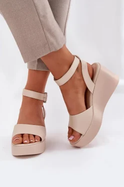 Hot Boto Sandały Damskie Na Koturnie Beżowe Efrina