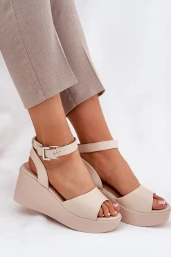 Hot Boto Sandały Damskie Na Koturnie Beżowe Efrina