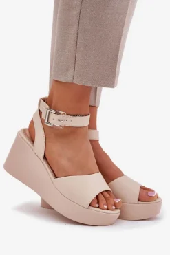 Hot Boto Sandały Damskie Na Koturnie Beżowe Efrina