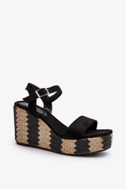 Damskie Boto Sandały Damskie Na Koturnie Z Plecionką Czarne Reviala