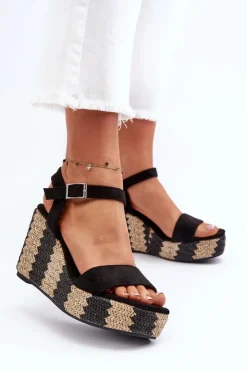 Damskie Boto Sandały Damskie Na Koturnie Z Plecionką Czarne Reviala