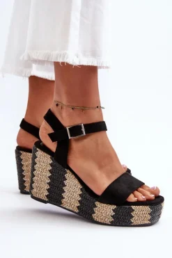 Damskie Boto Sandały Damskie Na Koturnie Z Plecionką Czarne Reviala