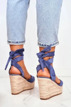 Damskie Boto Sandały Damskie Na Koturnie Espadryle Niebieskie Ollie