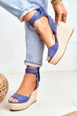 Damskie Boto Sandały Damskie Na Koturnie Espadryle Niebieskie Ollie