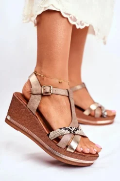 Evento Sandały Na Koturnie*Sandały Damskie Na Koturnie Beżowe Skóra Węża Enroll